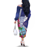 Biba Guam Liberation Day Family Matching Off The Shoulder Long Sleeve Dress and Hawaiian Shirt Tano y Chamoru Latte Stone Blue