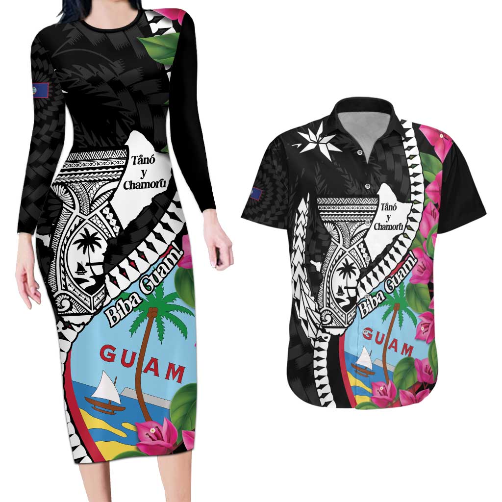 Biba Guam Liberation Day Couples Matching Long Sleeve Bodycon Dress and Hawaiian Shirt Tano y Chamoru Latte Stone Black