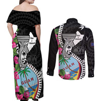 Biba Guam Liberation Day Couples Matching Off Shoulder Maxi Dress and Long Sleeve Button Shirt Tano y Chamoru Latte Stone Black