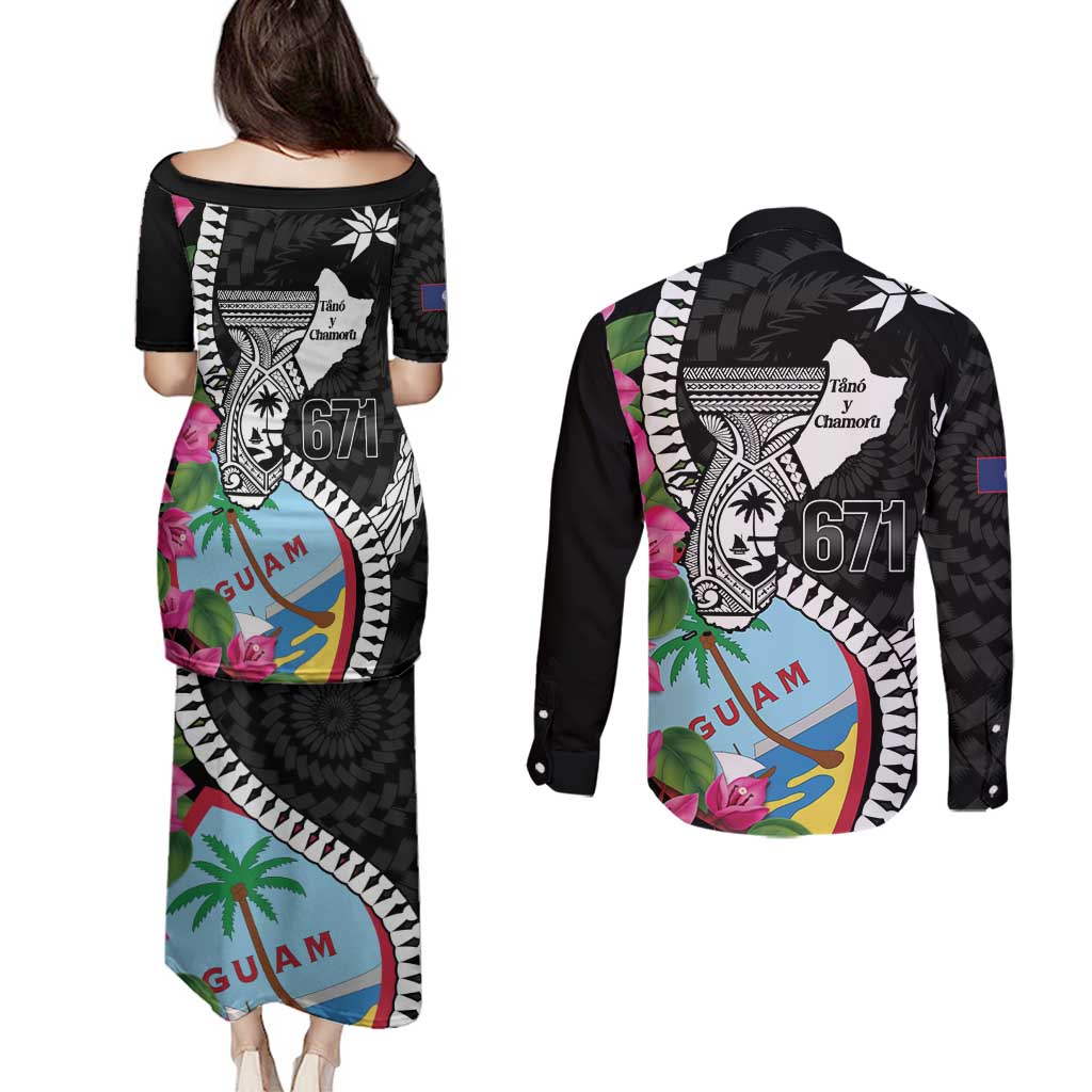 Biba Guam Liberation Day Couples Matching Puletasi and Long Sleeve Button Shirt Tano y Chamoru Latte Stone Black