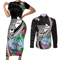Biba Guam Liberation Day Couples Matching Short Sleeve Bodycon Dress and Long Sleeve Button Shirt Tano y Chamoru Latte Stone Black