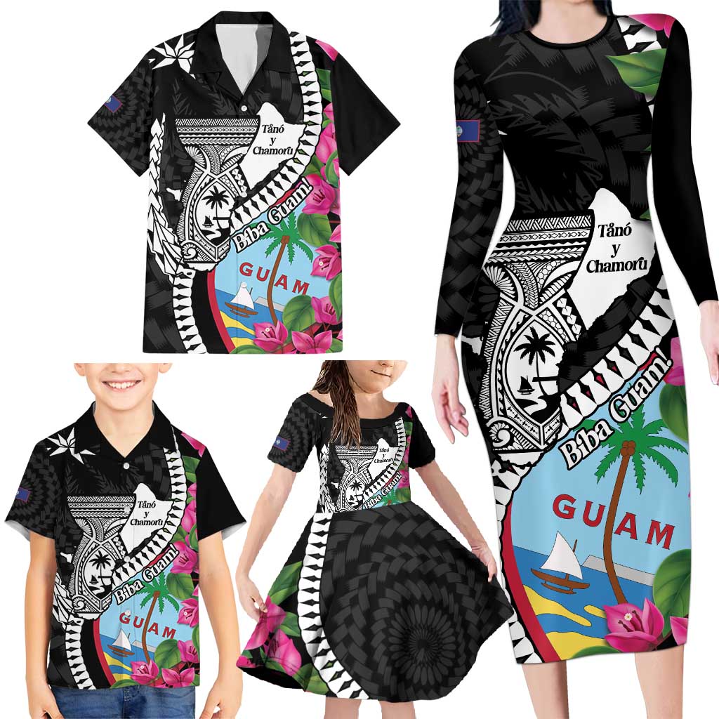 Biba Guam Liberation Day Family Matching Long Sleeve Bodycon Dress and Hawaiian Shirt Tano y Chamoru Latte Stone Black LT14 - Polynesian Pride