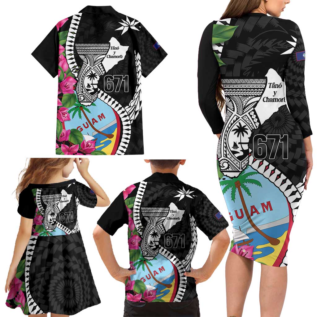 Biba Guam Liberation Day Family Matching Long Sleeve Bodycon Dress and Hawaiian Shirt Tano y Chamoru Latte Stone Black LT14 - Polynesian Pride