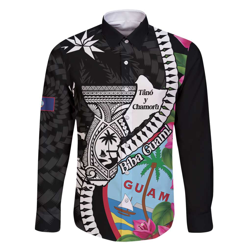 Biba Guam Liberation Day Family Matching Long Sleeve Bodycon Dress and Hawaiian Shirt Tano y Chamoru Latte Stone Black LT14 Dad's Shirt - Long Sleeve Black - Polynesian Pride