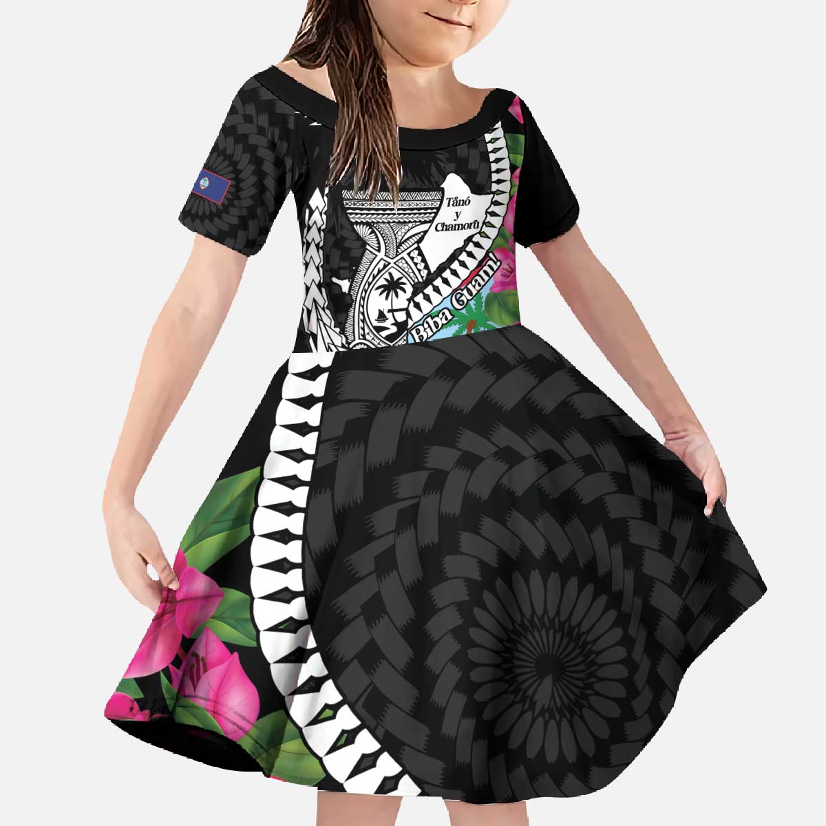 Biba Guam Liberation Day Family Matching Off The Shoulder Long Sleeve Dress and Hawaiian Shirt Tano y Chamoru Latte Stone Black