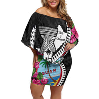 Biba Guam Liberation Day Family Matching Off Shoulder Short Dress and Hawaiian Shirt Tano y Chamoru Latte Stone Black