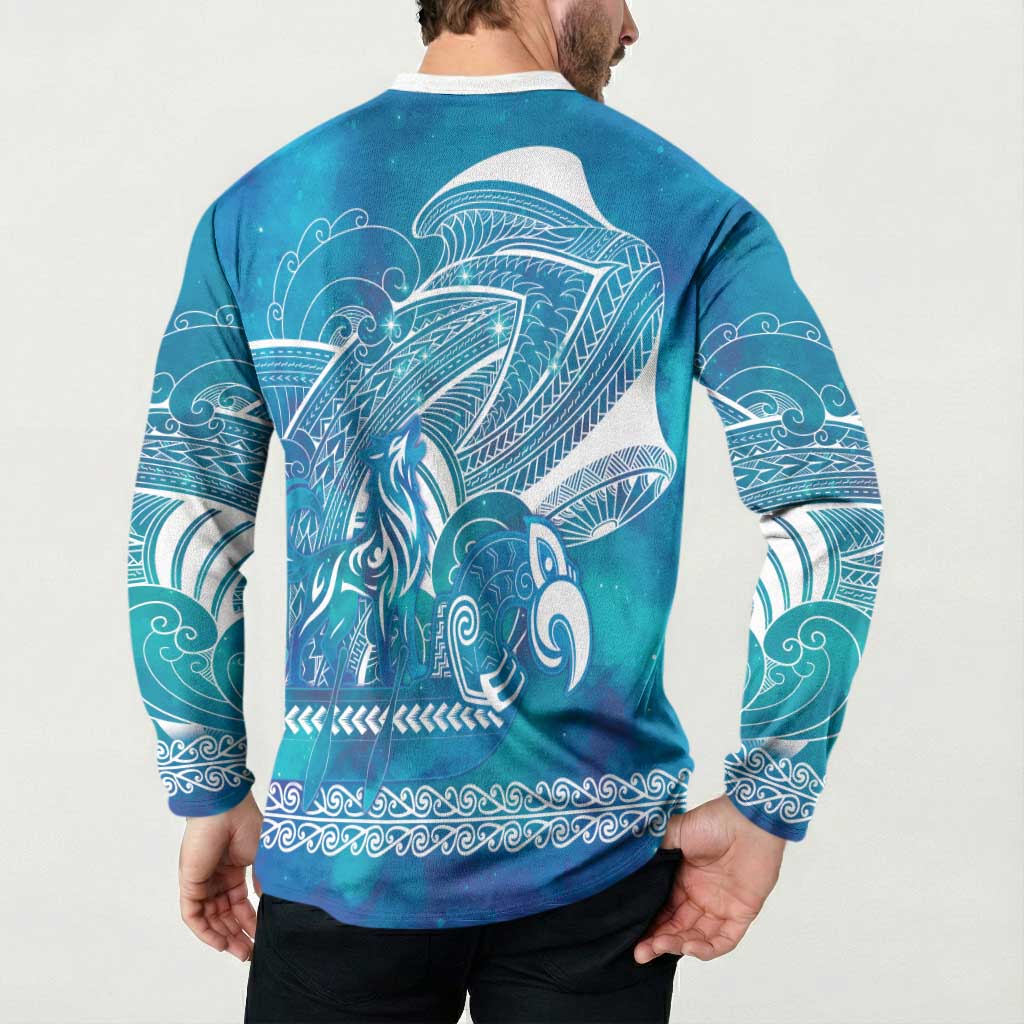 Kuri Dog Waka New Zealand Matariki Button Sweatshirt Ocean Sharks Maori Tattoo