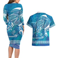 Kuri Dog Waka New Zealand Matariki Couples Matching Long Sleeve Bodycon Dress and Hawaiian Shirt Ocean Sharks Maori Tattoo LT14 - Polynesian Pride