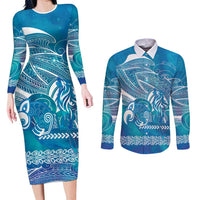 Kuri Dog Waka New Zealand Matariki Couples Matching Long Sleeve Bodycon Dress and Long Sleeve Button Shirt Ocean Sharks Maori Tattoo LT14 Blue - Polynesian Pride