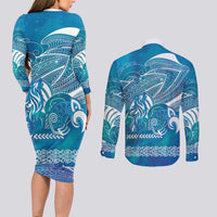 Kuri Dog Waka New Zealand Matariki Couples Matching Long Sleeve Bodycon Dress and Long Sleeve Button Shirt Ocean Sharks Maori Tattoo LT14 - Polynesian Pride
