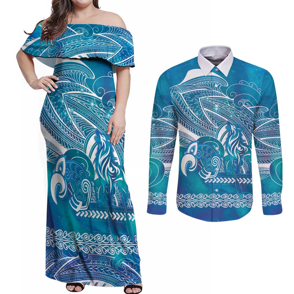 Kuri Dog Waka New Zealand Matariki Couples Matching Off Shoulder Maxi Dress and Long Sleeve Button Shirt Ocean Sharks Maori Tattoo LT14 Blue - Polynesian Pride
