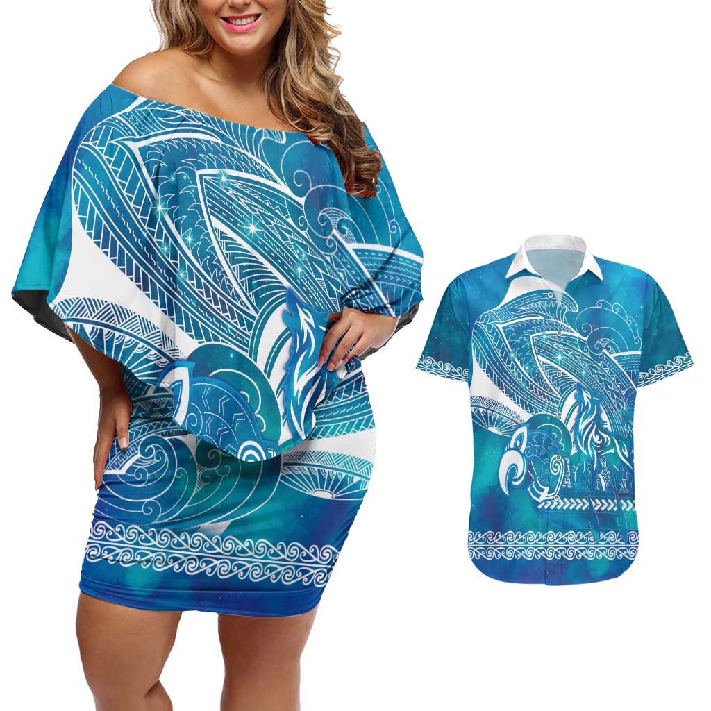 Kuri Dog Waka New Zealand Matariki Couples Matching Off Shoulder Short Dress and Hawaiian Shirt Ocean Sharks Maori Tattoo LT14 Blue - Polynesian Pride