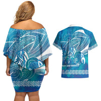 Kuri Dog Waka New Zealand Matariki Couples Matching Off Shoulder Short Dress and Hawaiian Shirt Ocean Sharks Maori Tattoo LT14 - Polynesian Pride