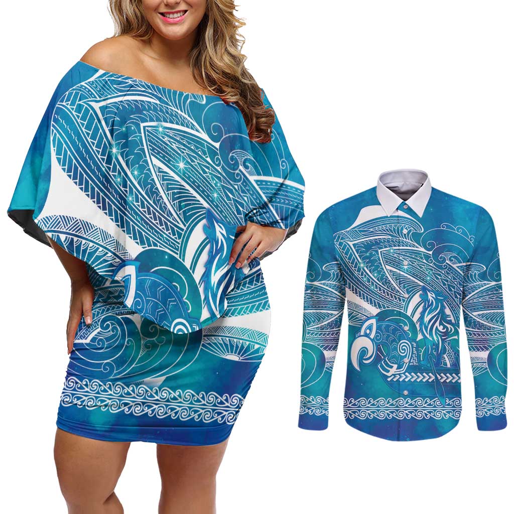 Kuri Dog Waka New Zealand Matariki Couples Matching Off Shoulder Short Dress and Long Sleeve Button Shirt Ocean Sharks Maori Tattoo LT14 Blue - Polynesian Pride