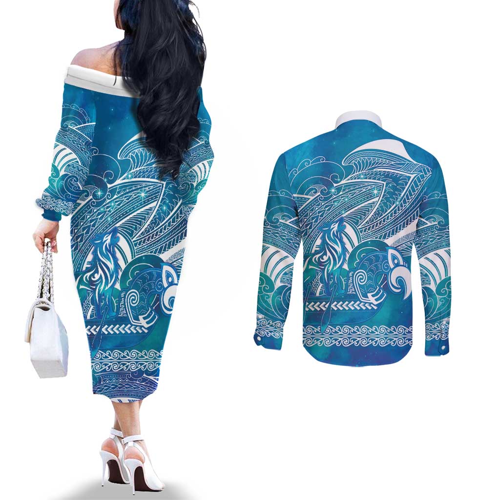 Kuri Dog Waka New Zealand Matariki Couples Matching Off The Shoulder Long Sleeve Dress and Long Sleeve Button Shirt Ocean Sharks Maori Tattoo LT14 - Polynesian Pride