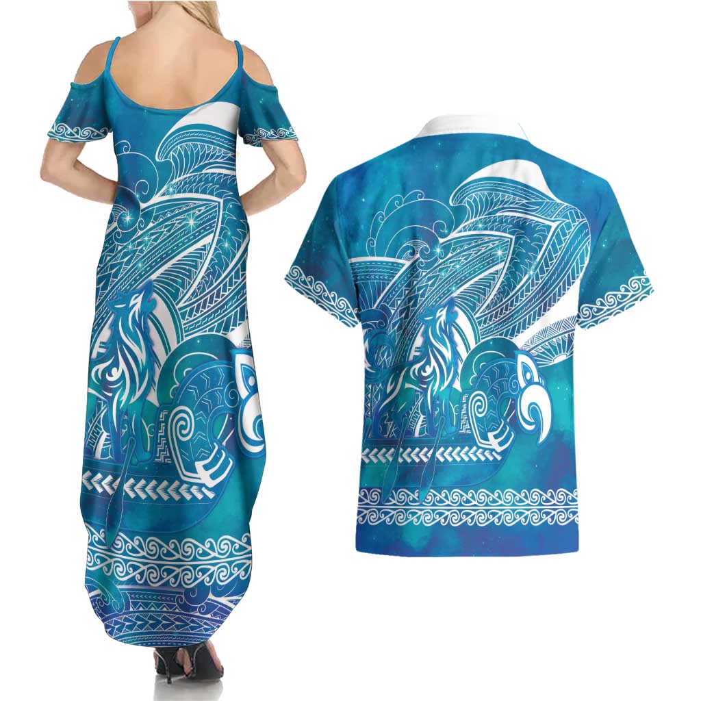 Kuri Dog Waka New Zealand Matariki Couples Matching Summer Maxi Dress and Hawaiian Shirt Ocean Sharks Maori Tattoo LT14 - Polynesian Pride