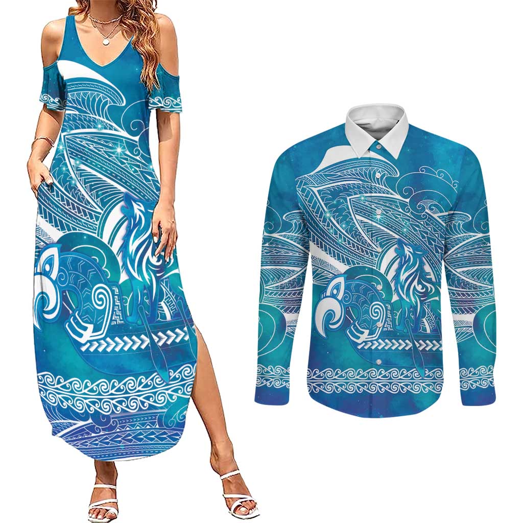 Kuri Dog Waka New Zealand Matariki Couples Matching Summer Maxi Dress and Long Sleeve Button Shirt Ocean Sharks Maori Tattoo
