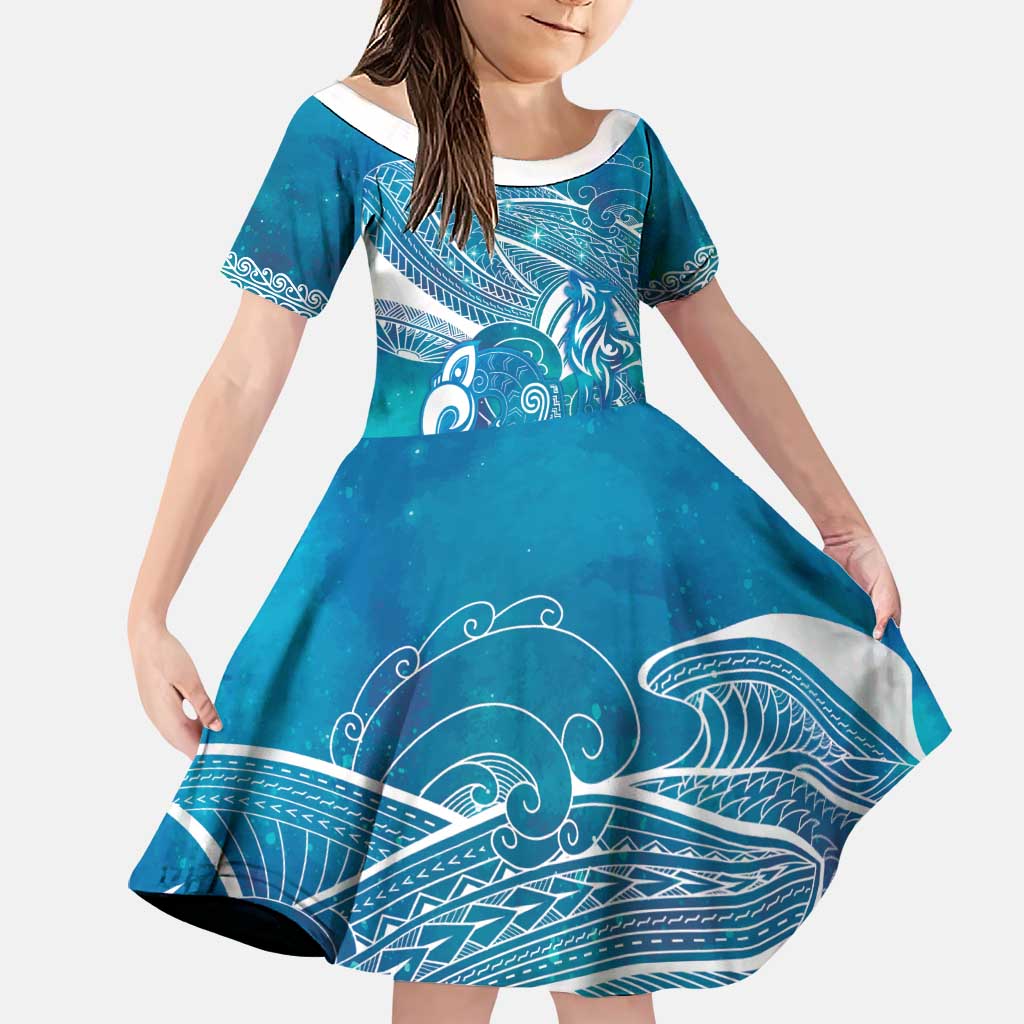 Kuri Dog Waka New Zealand Matariki Family Matching Off Shoulder Maxi Dress and Hawaiian Shirt Ocean Sharks Maori Tattoo LT14 Daughter's Dress Blue - Polynesian Pride