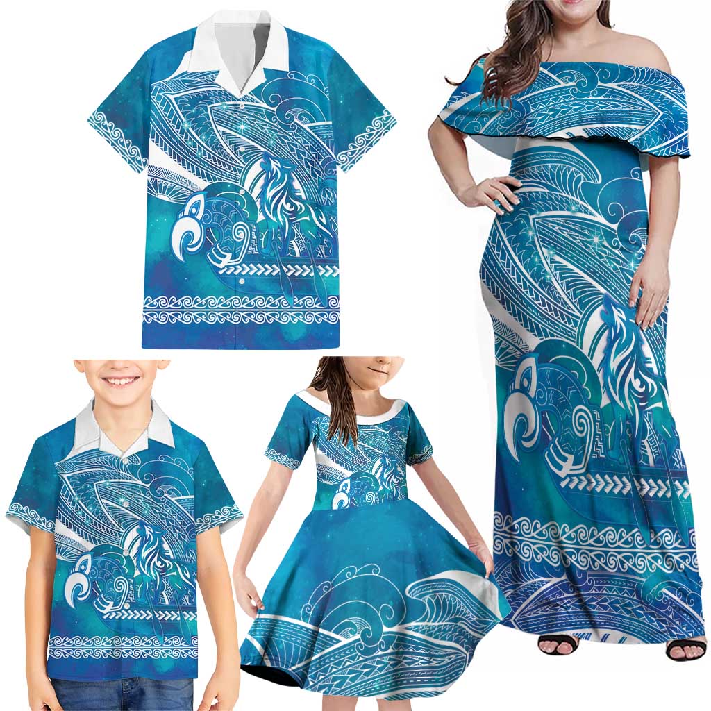 Kuri Dog Waka New Zealand Matariki Family Matching Off Shoulder Maxi Dress and Hawaiian Shirt Ocean Sharks Maori Tattoo LT14 - Polynesian Pride