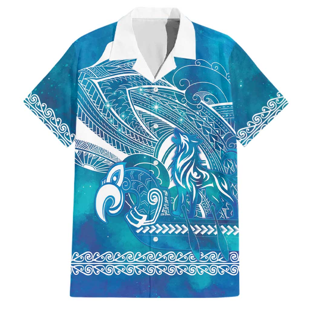 Kuri Dog Waka New Zealand Matariki Family Matching Off Shoulder Maxi Dress and Hawaiian Shirt Ocean Sharks Maori Tattoo LT14 Dad's Shirt - Short Sleeve Blue - Polynesian Pride