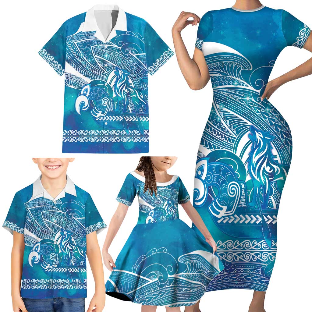 Kuri Dog Waka New Zealand Matariki Family Matching Short Sleeve Bodycon Dress and Hawaiian Shirt Ocean Sharks Maori Tattoo LT14 - Polynesian Pride