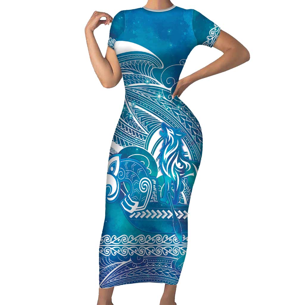 Kuri Dog Waka New Zealand Matariki Family Matching Short Sleeve Bodycon Dress and Hawaiian Shirt Ocean Sharks Maori Tattoo LT14 Mom's Dress Blue - Polynesian Pride