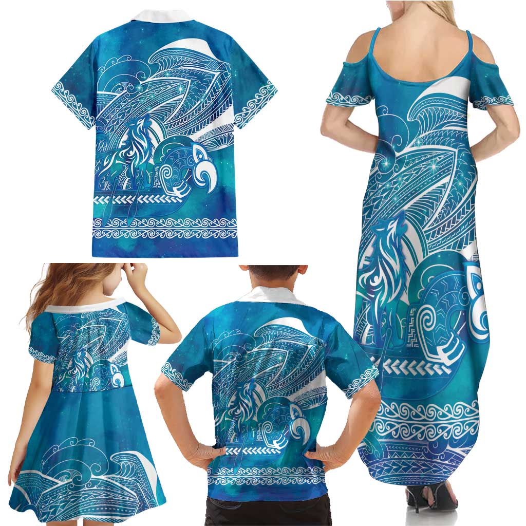 Kuri Dog Waka New Zealand Matariki Family Matching Summer Maxi Dress and Hawaiian Shirt Ocean Sharks Maori Tattoo LT14 - Polynesian Pride