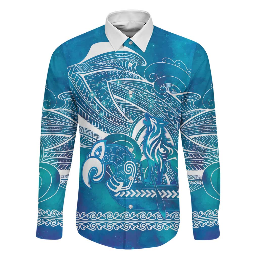 Kuri Dog Waka New Zealand Matariki Family Matching Summer Maxi Dress and Hawaiian Shirt Ocean Sharks Maori Tattoo LT14 Dad's Shirt - Long Sleeve Blue - Polynesian Pride