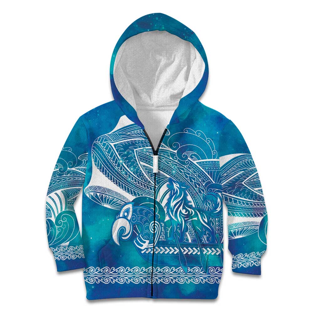 Kuri Dog Waka New Zealand Matariki Kid Hoodie Ocean Sharks Maori Tattoo LT14 Zip Hoodie Blue - Polynesian Pride