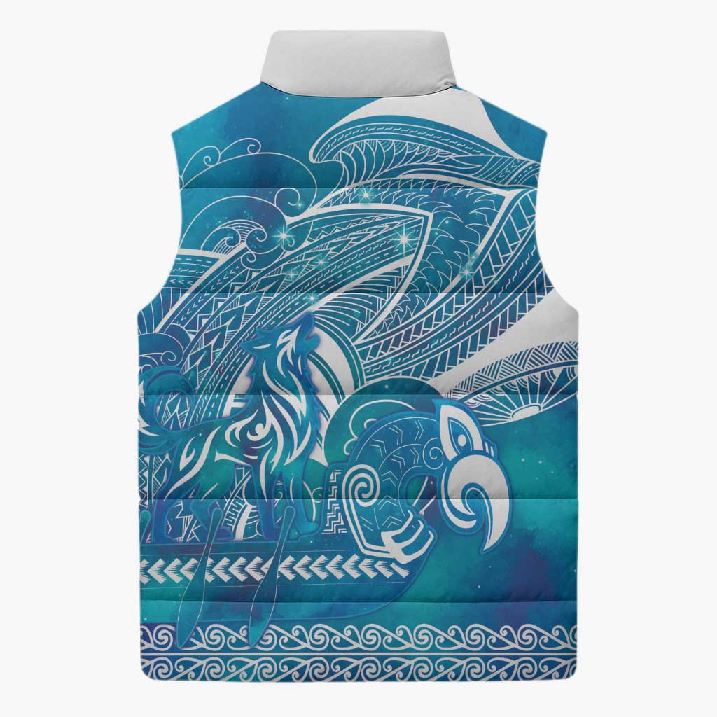 Kuri Dog Waka New Zealand Matariki Sleeveless Puffer Jacket Ocean Sharks Maori Tattoo