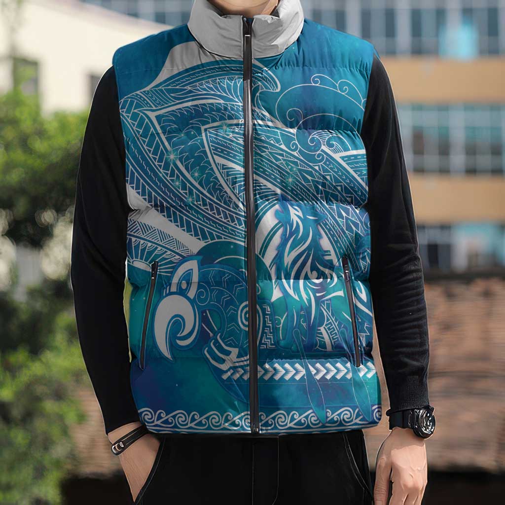 Kuri Dog Waka New Zealand Matariki Sleeveless Puffer Jacket Ocean Sharks Maori Tattoo