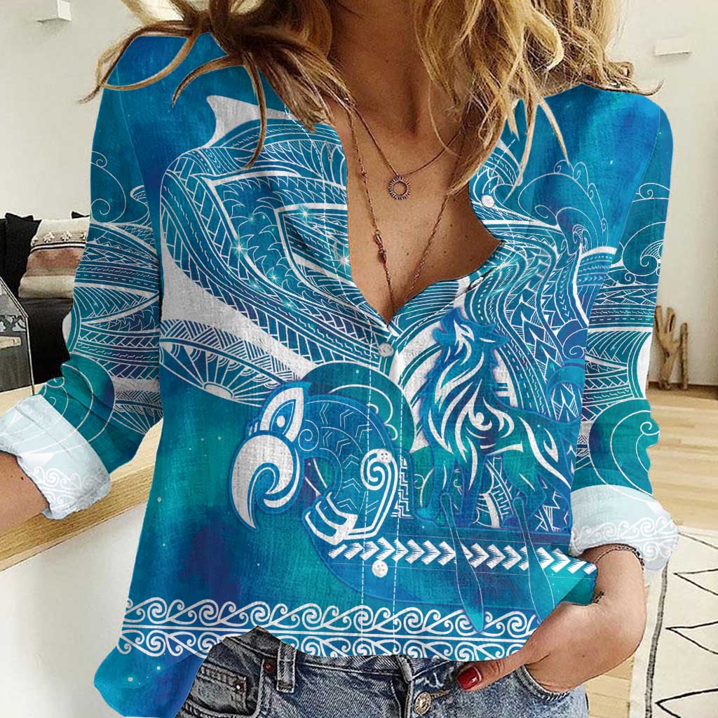 Kuri Dog Waka New Zealand Matariki Women Casual Shirt Ocean Sharks Maori Tattoo