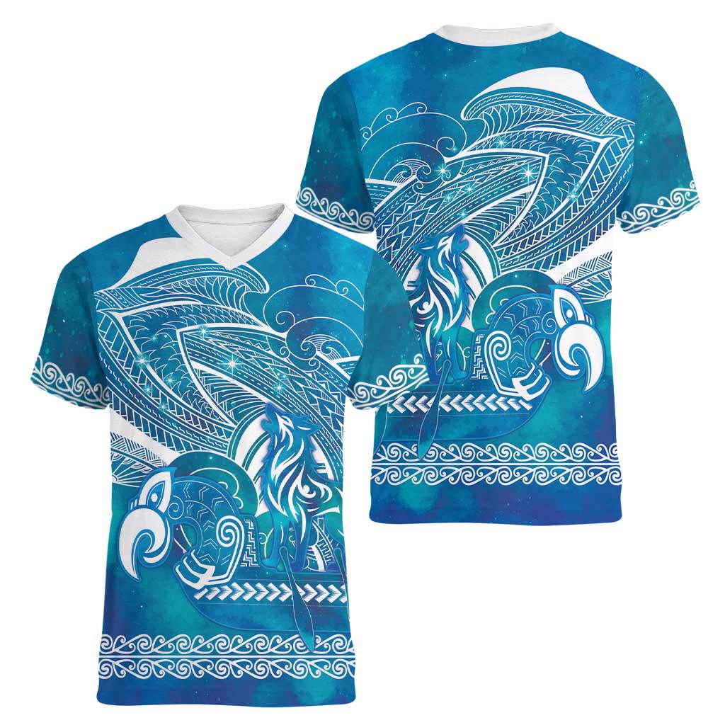 Kuri Dog Waka New Zealand Matariki Women V-Neck T-Shirt Ocean Sharks Maori Tattoo LT14 - Polynesian Pride