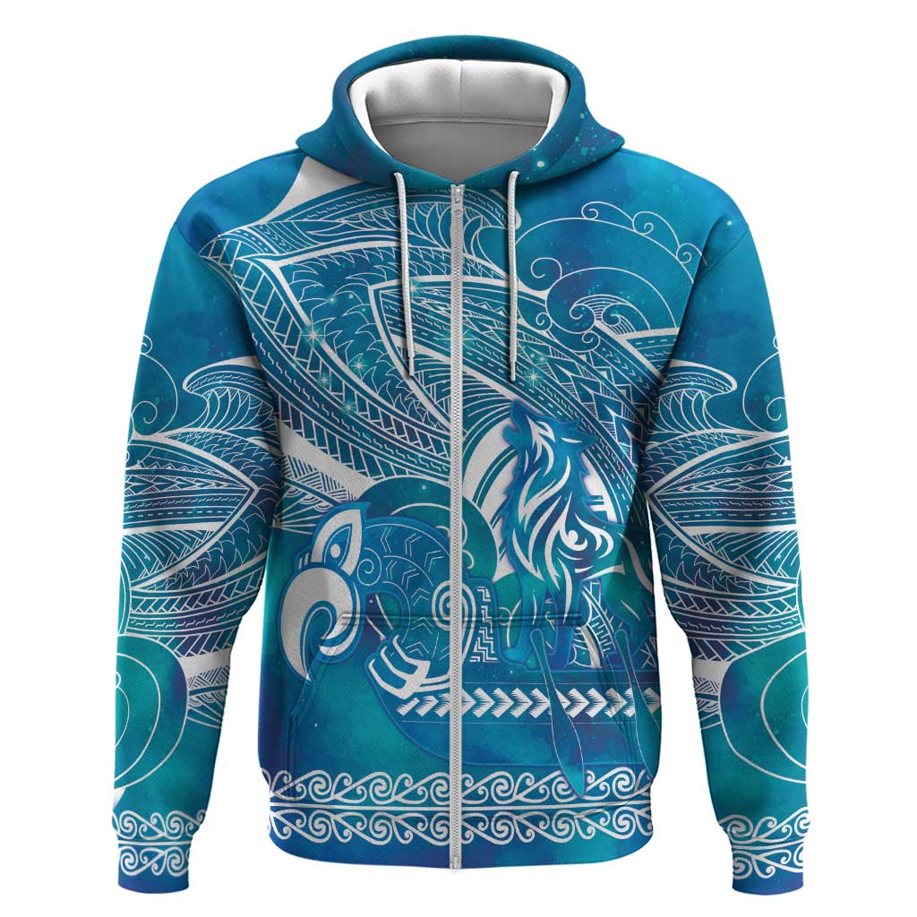 Kuri Dog Waka New Zealand Matariki Zip Hoodie Ocean Sharks Maori Tattoo LT14 Zip Hoodie Blue - Polynesian Pride