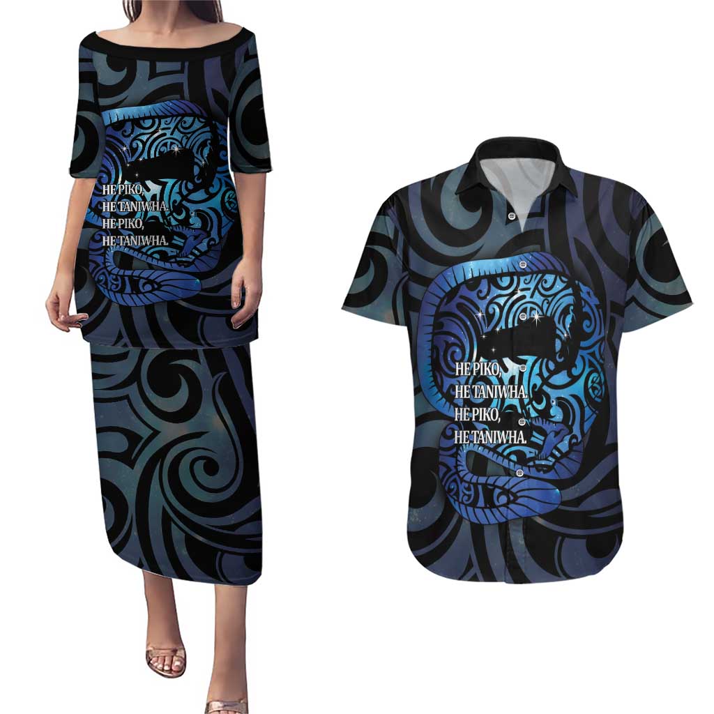 Tuna Eel New Zealand Matariki Couples Matching Puletasi and Hawaiian Shirt He Piko He Taniwha Maori Pattern