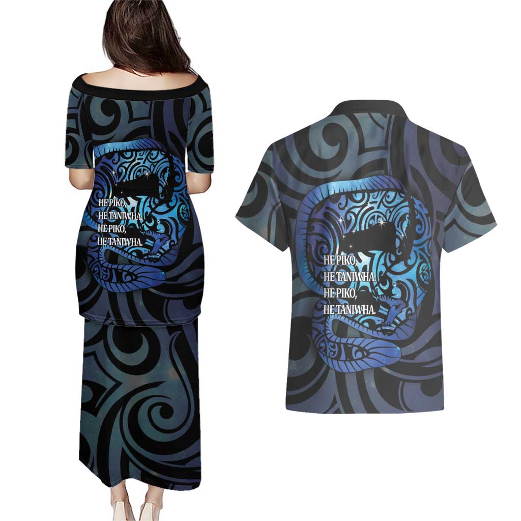 Tuna Eel New Zealand Matariki Couples Matching Puletasi and Hawaiian Shirt He Piko He Taniwha Maori Pattern