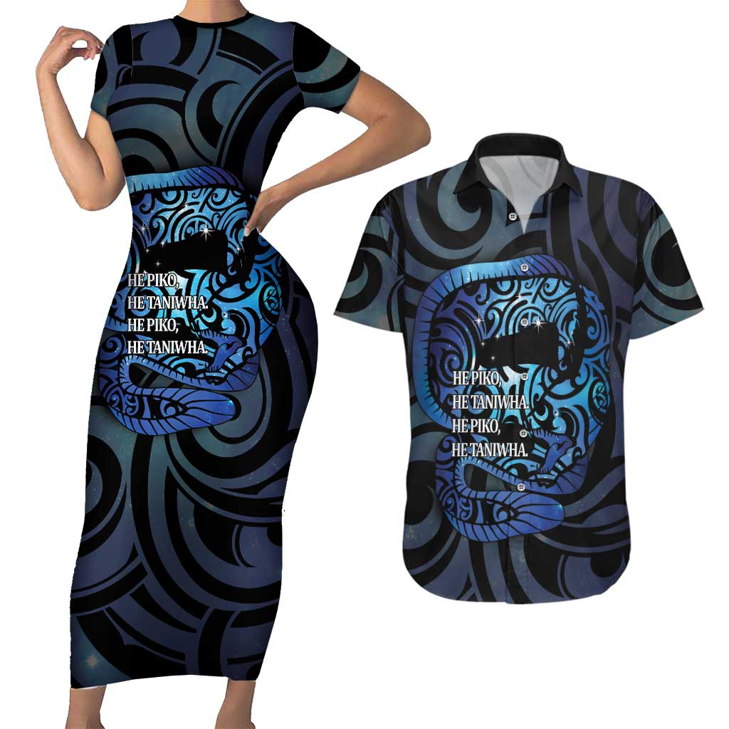 Tuna Eel New Zealand Matariki Couples Matching Short Sleeve Bodycon Dress and Hawaiian Shirt He Piko He Taniwha Maori Pattern LT14 Purple - Polynesian Pride