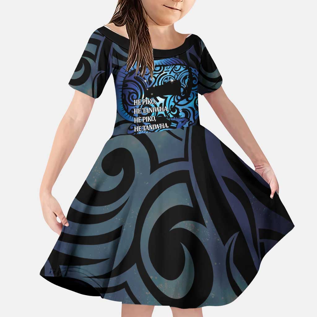 Tuna Eel New Zealand Matariki Family Matching Off Shoulder Short Dress and Hawaiian Shirt He Piko He Taniwha Maori Pattern LT14 Daughter's Dress Purple - Polynesian Pride