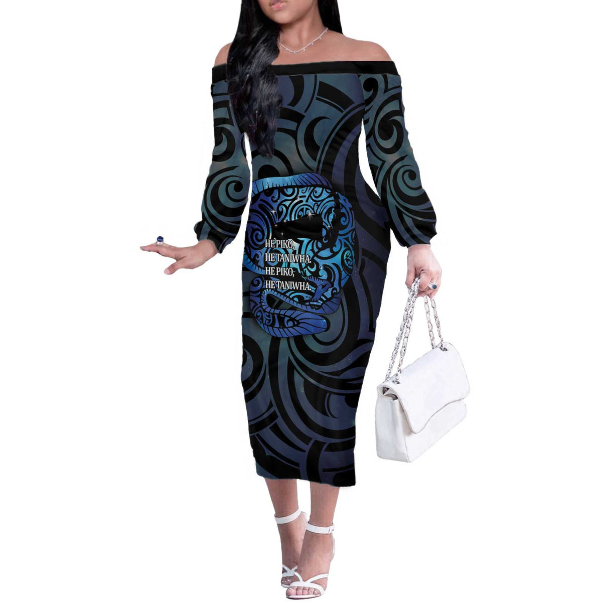 Tuna Eel New Zealand Matariki Off The Shoulder Long Sleeve Dress He Piko He Taniwha Maori Pattern