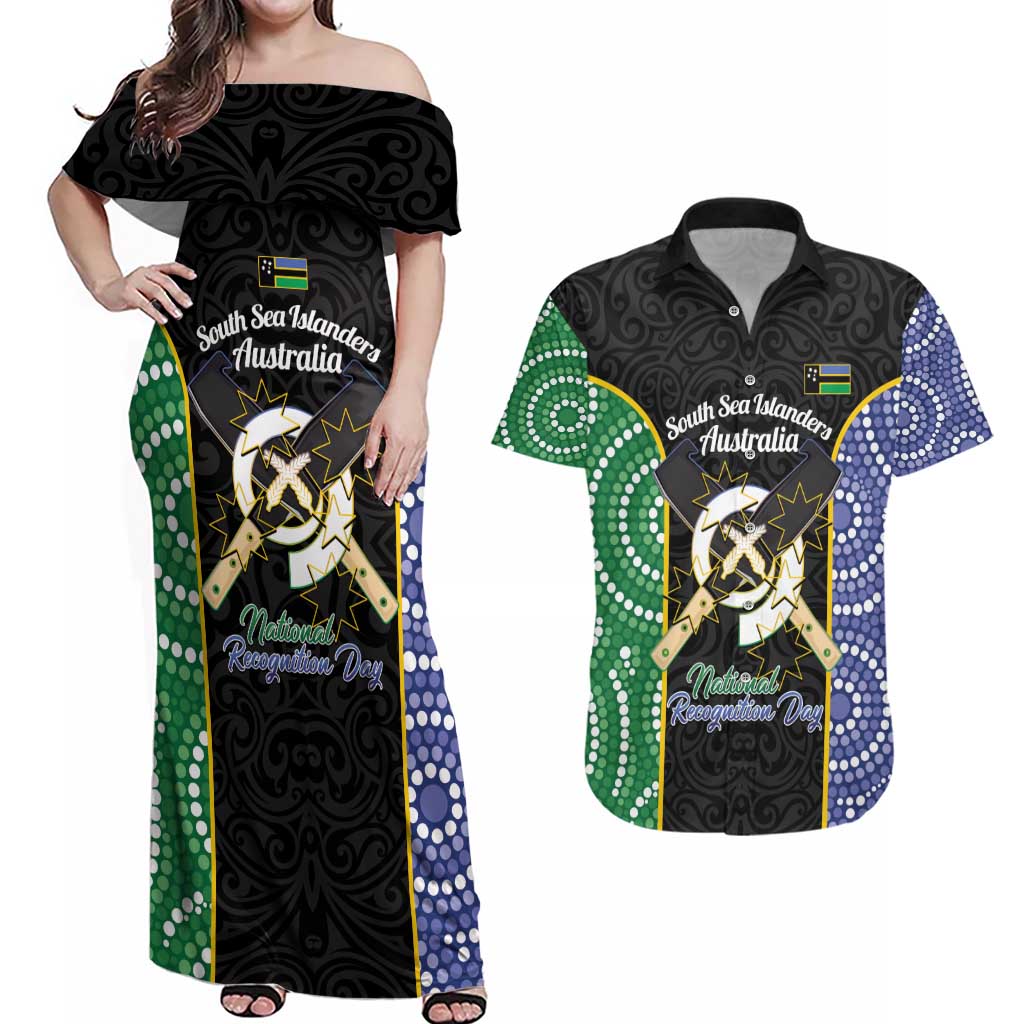 Personalised South Sea Islanders National Recognition Day Couples Matching Off Shoulder Maxi Dress and Hawaiian Shirt Australia Aboriginal Vanuatu Pig Tusk LT14 Black - Polynesian Pride