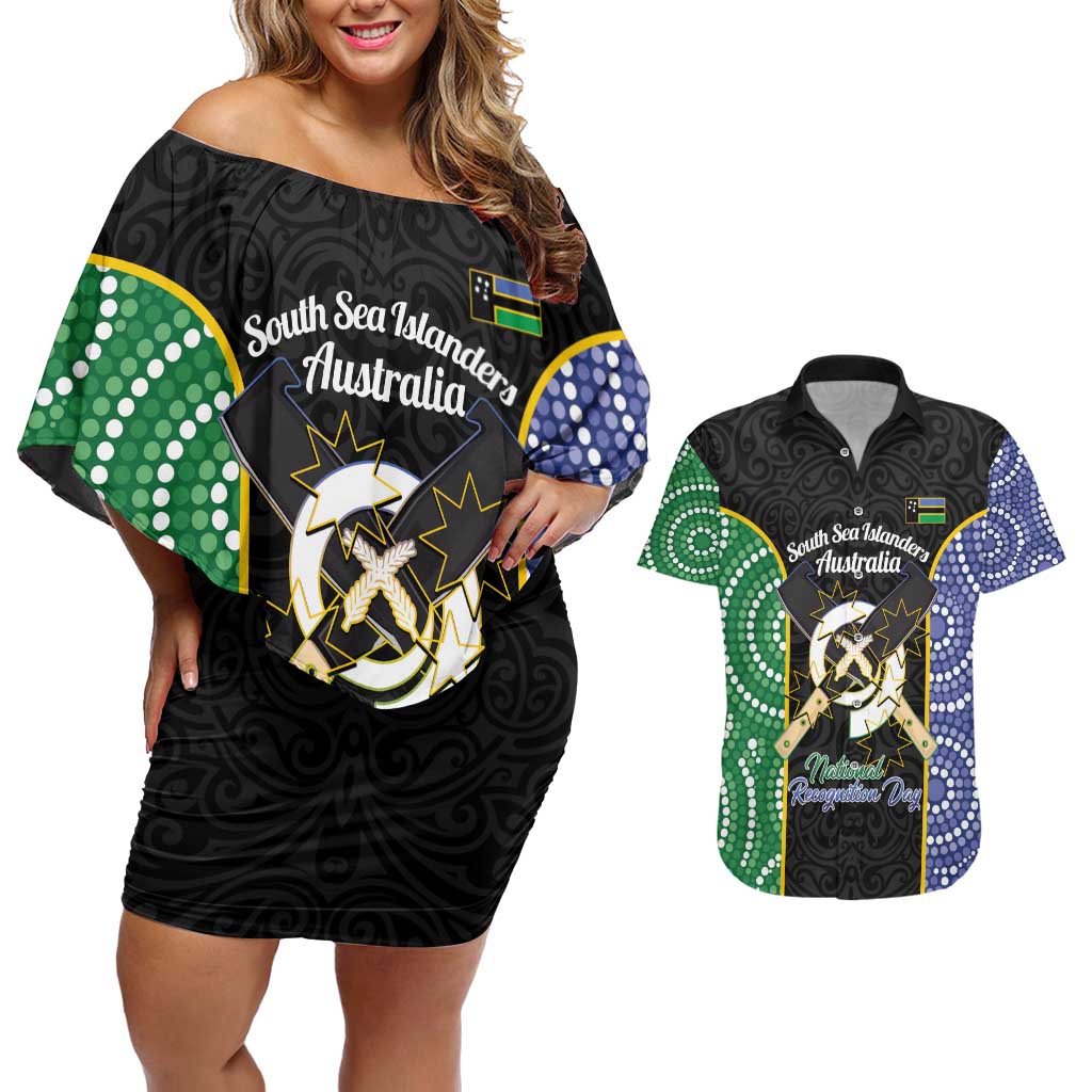 Personalised South Sea Islanders National Recognition Day Couples Matching Off Shoulder Short Dress and Hawaiian Shirt Australia Aboriginal Vanuatu Pig Tusk LT14 Black - Polynesian Pride