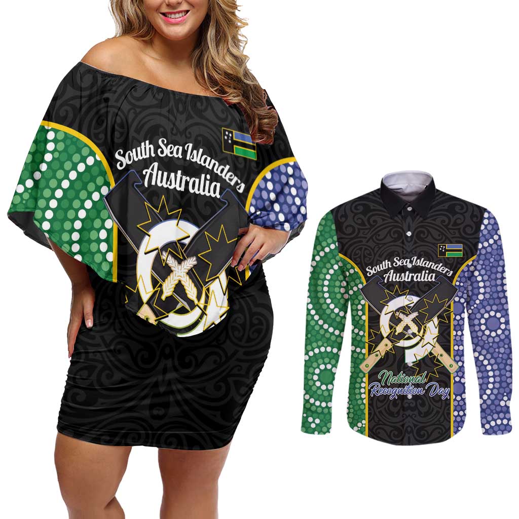 Personalised South Sea Islanders National Recognition Day Couples Matching Off Shoulder Short Dress and Long Sleeve Button Shirt Australia Aboriginal Vanuatu Pig Tusk