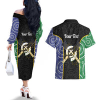 Personalised South Sea Islanders National Recognition Day Couples Matching Off The Shoulder Long Sleeve Dress and Hawaiian Shirt Australia Aboriginal Vanuatu Pig Tusk LT14 - Polynesian Pride