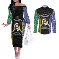Personalised South Sea Islanders National Recognition Day Couples Matching Off The Shoulder Long Sleeve Dress and Long Sleeve Button Shirt Australia Aboriginal Vanuatu Pig Tusk LT14 Black - Polynesian Pride