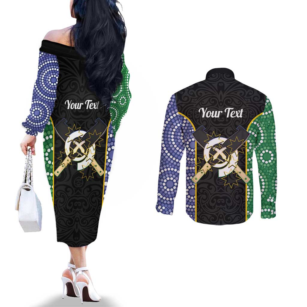 Personalised South Sea Islanders National Recognition Day Couples Matching Off The Shoulder Long Sleeve Dress and Long Sleeve Button Shirt Australia Aboriginal Vanuatu Pig Tusk LT14 - Polynesian Pride