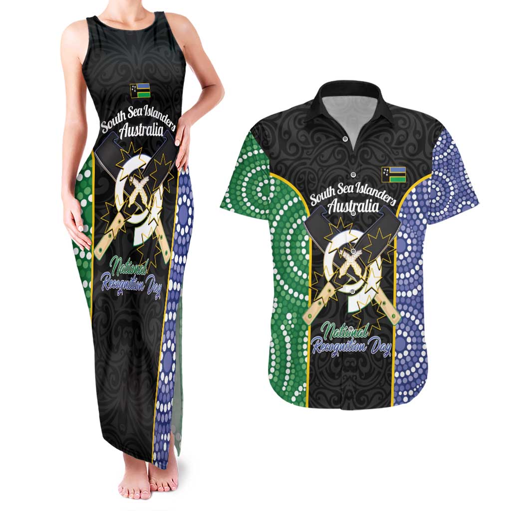 Personalised South Sea Islanders National Recognition Day Couples Matching Tank Maxi Dress and Hawaiian Shirt Australia Aboriginal Vanuatu Pig Tusk LT14 Black - Polynesian Pride