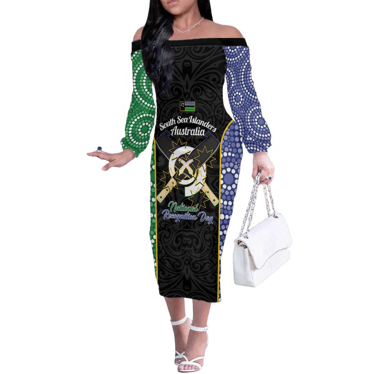 Personalised South Sea Islanders National Recognition Day Family Matching Off The Shoulder Long Sleeve Dress and Hawaiian Shirt Australia Aboriginal Vanuatu Pig Tusk LT14 Mom's Dress Black - Polynesian Pride