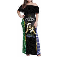 Personalised South Sea Islanders National Recognition Day Family Matching Off Shoulder Maxi Dress and Hawaiian Shirt Australia Aboriginal Vanuatu Pig Tusk LT14 Mom's Dress Black - Polynesian Pride