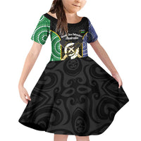 Personalised South Sea Islanders National Recognition Day Family Matching Off Shoulder Short Dress and Hawaiian Shirt Australia Aboriginal Vanuatu Pig Tusk LT14 Daughter's Dress Black - Polynesian Pride