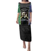 Personalised South Sea Islanders National Recognition Day Family Matching Puletasi and Hawaiian Shirt Australia Aboriginal Vanuatu Pig Tusk LT14 Mom's Dress Black - Polynesian Pride